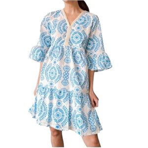 Saiph Lab NWT Santorini blue & white tired v-neck cotton mini dress Made Italy